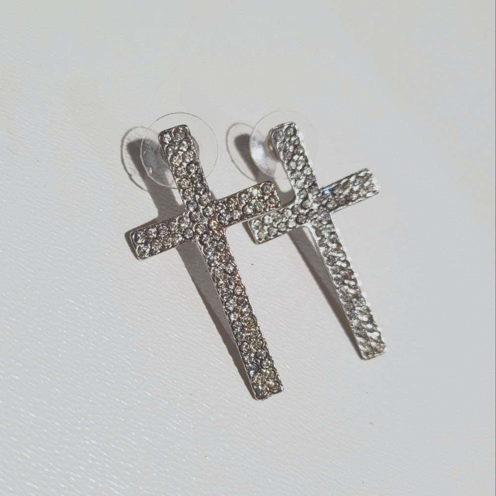 Large rhinestone cross stud earrings